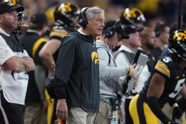FILE - Iowa head coach Kirk Ferentz watches from the sideline during the second half of the Big Ten championship NCAA college football game against Michigan, Saturday, Dec. 4, 2021, in Indianapolis. Kentucky will be trying for a rare 10-win season when the Wildcats play Iowa in the Citrus Bowl. (AP Photo/Darron Cummings, File)