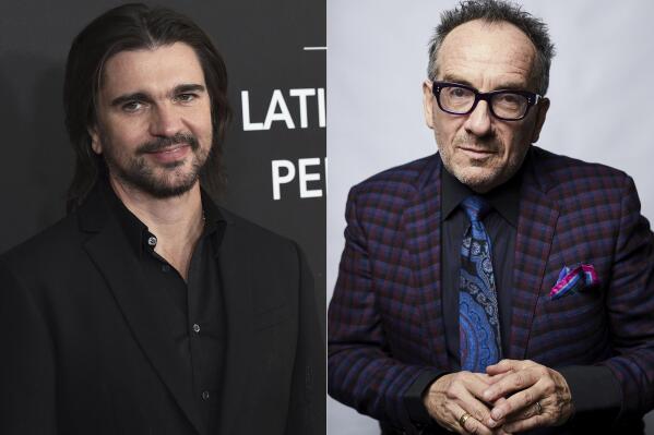 Juanes arrives at the Latin Recording Academy Person of the Year gala in Las Vegas on Nov. 13, 2019, in Las Vegas, left, and Elvis Costello poses for a portrait in New York on Sept. 17, 2018. Costello is releasing a Spanish-language version of his 1978 classic album ‘This Year’s Model.' It comes out in September, but an initial version of Juanes singing ‘Pump it Up’ was released as a YouTube video on Thursday. (AP Photo)