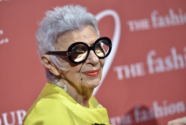 FILE - In this Oct. 27, Auteur of Style honoree Iris Apfel attends The Fashion Group International's Night of Stars Gala at Cipriani Wall Street in New York. Iris Apfel, a textile expert, interior designer and fashion celebrity known for her eccentric style, has died, Friday, March 1, 2024. She was 102. .(Photo by Evan Agostini/Invision/AP, File)