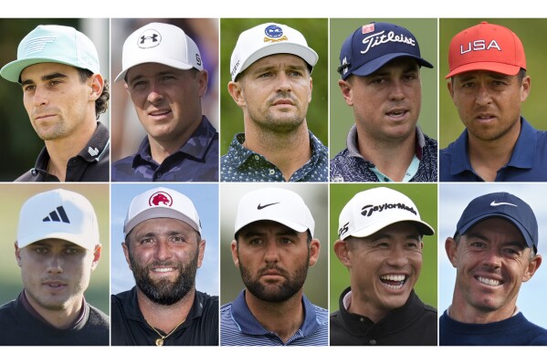 This combo of file photos shows professional golfers, from top left, Joaquin Niemann, Jordan Spieth, Bryson DeChambeau, Justin Thomas and Xander Schauffele, bottom row from left, Ludvig Aberg, Jon Rahm, Scottie Scheffler, Collin Morikawa, and Rory McIlroy. (AP Photo/File)