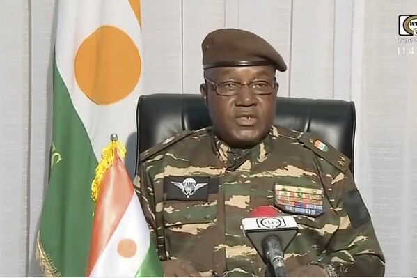 In this image taken from video provided by ORTN, Gen. Abdourahmane Tchiani makes a statement Friday, July 28, 2023, in Niamey, Niger. Niger state television identified him as the leader of the National Council for the Safeguarding of the Country, the group of soldiers who said they staged the coup against President Mohamed Bazoum. (ORTN via AP)