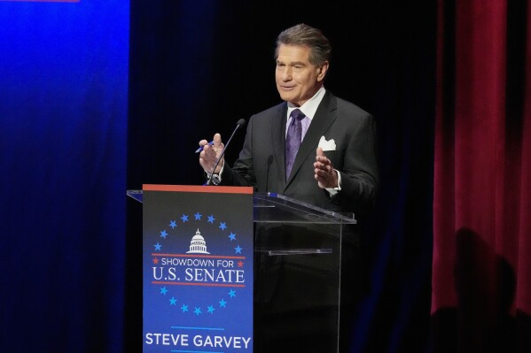 FILE - Former baseball player Steve Garvey speaks during a televised debate for candidates in the senate race to succeed the late California Sen. Dianne Feinstein on Jan. 22, 2024, in Los Angeles. (AP Photo/Damian Dovarganes, File)
