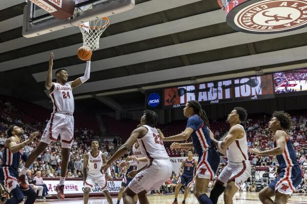 Alabama forward Brandon Miller (24) rebounds against Mississippi during the first half of an NCAA college basketball game, Tuesday, Jan. 3, 2023, in Tuscaloosa, Ala. (AP Photo/Vasha Hunt)