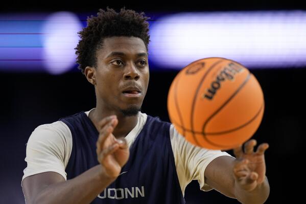 Connecticut guard Nahiem Alleyne practices for their Final Four college basketball game in the NCAA Tournament on Friday, March 31, 2023, in Houston. Connecticut and Miami play on Saturday. (AP Photo/David J. Phillip)