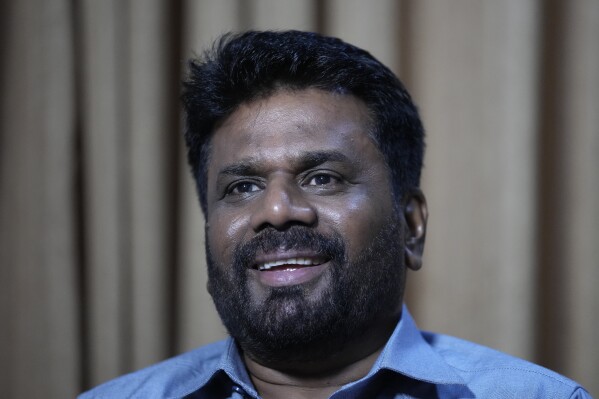 Anura Kumara Dissanayake, presidential candidate of opposition political party National People's Power speaks to Associated Press in Colombo, Sri Lanka, Monday, Aug. 26, 2024. (AP Photo/Eranga Jayawardena)