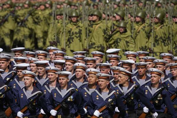 Russian servicemen march along Red Square during the Victory Day military parade in Moscow, Russia, Friday, May 9, 2025, in celebrations of the 80th anniversary of the Soviet Union's victory over Nazi Germany during the World War II. (AP Photo/Alexander Zemlianichenko)