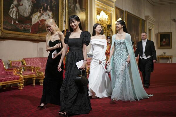 South Korean girl band Blackpink ahead of the State Banquet, for the state visit to the UK by President of South Korea Yoon Suk Yeol and his wife Kim Keon Hee, at Buckingham Palace, London, Tuesday, Nov. 21, 2023. (Yui Mok/Pool Photo via AP)