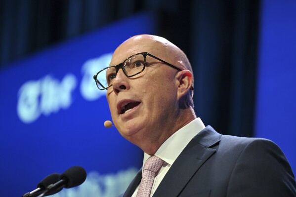 Australian opposition leader Peter Dutton speaks at the West Australian Leadership Matters breakfast, in Perth on Friday, April 11, 2025. (Mick Tsikas/AAP Image via AP)