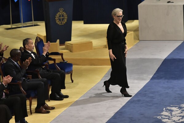 Actress Meryl Streep is applauded before receiving the Prince of Princess of Asturias Award for the Arts during the awards ceremony in Oviedo, northern Spain, Friday, Oct. 20, 2023. The awards, named after the heir to the Spanish throne, are among the most important in the Spanish-speaking world. (AP Photo/Alvaro Barrientos)