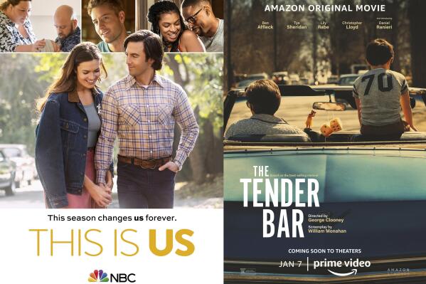 This combination of photos shows promotional art for "This Is Us," premiering Jan. 4 on NBC, left, and "The Tender Bar," a film streaming Jan. 7 on Amazon. (NBC/Amazon via AP)