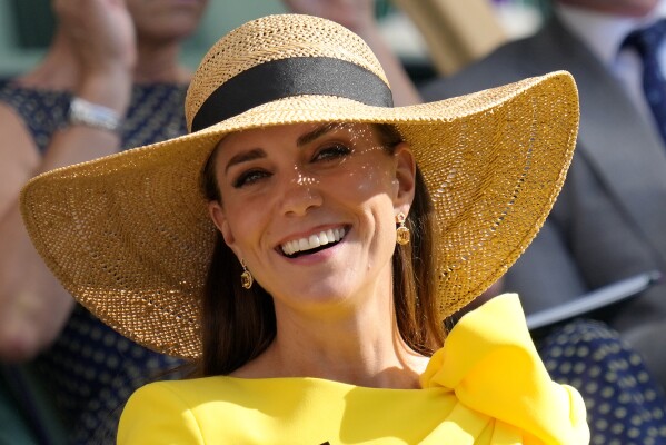 Britain's Kate, Duchess of Cambridge watches Mate Pavic and Nikola Mektic of Croatia play Matthew Ebden and Max Purcell of Australia in the final of the men's doubles on day thirteen of the Wimbledon tennis championships in London, Saturday, July 9, 2022. (AP Photo/Kirsty Wigglesworth, File)