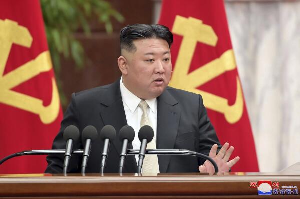 In this photo provided by the North Korean government, North Korean leader Kim Jong Un speaks during a meeting of the ruling Workers’ Party at its headquarters in Pyongyang, North Korea Monday, Feb. 27, 2023. Independent journalists were not given access to cover the event depicted in this image distributed by the North Korean government. The content of this image is as provided and cannot be independently verified. Korean language watermark on image as provided by source reads: "KCNA" which is the abbreviation for Korean Central News Agency. (Korean Central News Agency/Korea News Service via AP)
