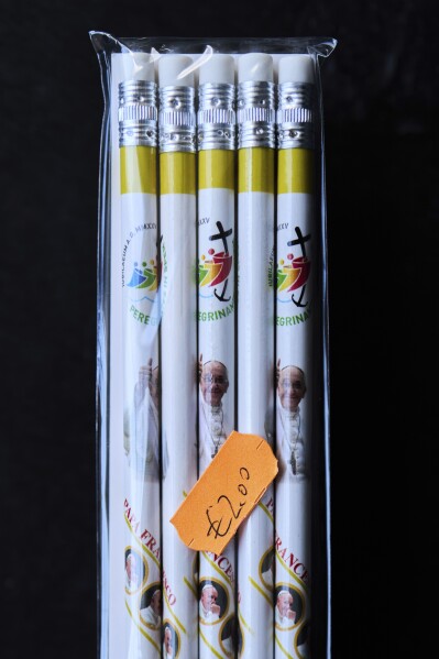 A pack of pencils with the image of Pope Francis in Rome, Thursday, May 1, 2025. (AP Photo/Bernat Armangue)