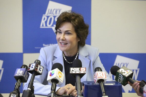 
              U.S. Senator-elect Jacky Rosen meets with Las Vegas reporters to discuss her win and priorities as Nevada's next senator on Friday, Nov. 9, 2018. The 61-year-old congresswoman defeated incumbent Republican Dean Heller in Tuesday's election by capturing 50 percent of the vote to his 45 percent. Rosen said she was excited and relieved when she realized she'd won, and plans to make stops in rural Nevada in 2019 as part of a tour. (Michael Quine/Las Vegas Review-Journal via AP)
            