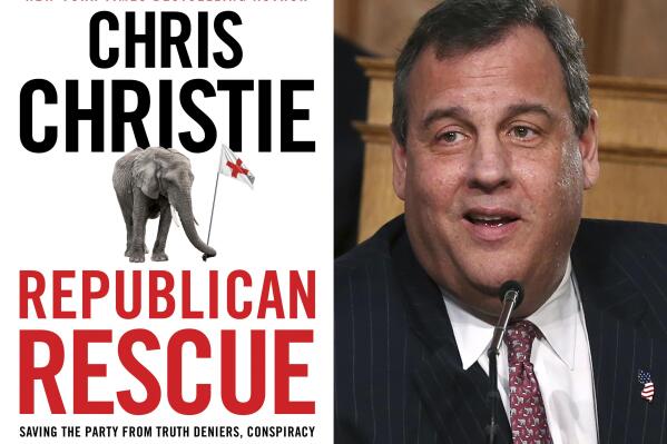 This combination photo shows the cover image for "Republican Rescue: Saving the Party from Truth Deniers, Conspiracy Theorists, and the Dangerous Policies of Joe Biden," left, and a photo of former New Jersey Governor Chris Christie. (Gallery Books via AP, left, and AP Photo)