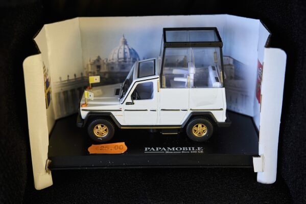 A scale car of the popemobile in Rome, Thursday, May 1, 2025. (AP Photo/Bernat Armangue)