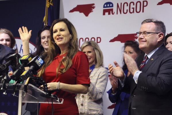 North Carolina state Rep. Tricia Cotham announces she is switching affiliation to the Republican Party at a news conference Wednesday, April 5, 2023, at the North Carolina Republican Party headquarters in Raleigh, N.C. The change gives Republican state legislators a veto-proof supermajority in both chambers. (AP Photo/Hannah Schoenbaum)