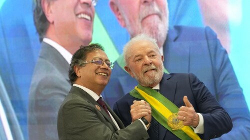 FILE - President Luis Inacio Lula da Silva (right) poses for a photo with Colombian President Gustavo Petro at the Planalto Palace in Brasilia, Brazil on January 1, 2023. Mr. Lula will meet with Mr. Petro on Saturday, July 8, 2023 to build momentum for the next summit on the Amazon rainforest and strengthen efforts to protect it.  (AP Photo/Eraldo Peres, File)