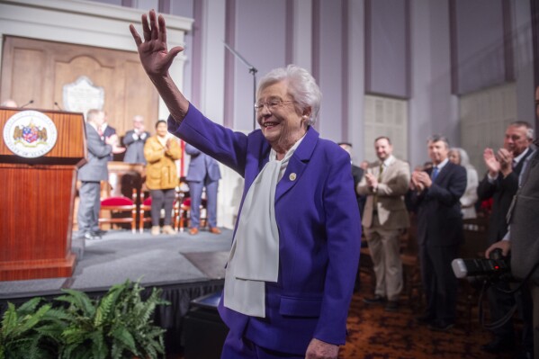Alabama Gov. Kay Ivey arrives to deliver the State of the State address at the Alabama State Capitol in Montgomery, Ala., on Tuesday, Feb. 6, 2024. (The Montgomery Advertiser via AP)