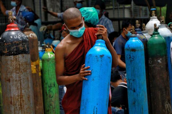 FILE - In this July 28, 2021, file photo, Buddhist monk wearing a face mask holds an oxygen tank for refill outside the Naing oxygen factory at the South Dagon industrial zone in Yangon, Myanmar. Supplies of medical oxygen are running low, and the government has put restrictions on its private sale in many places, saying it is trying to prevent hoarding. (AP Photo, File)