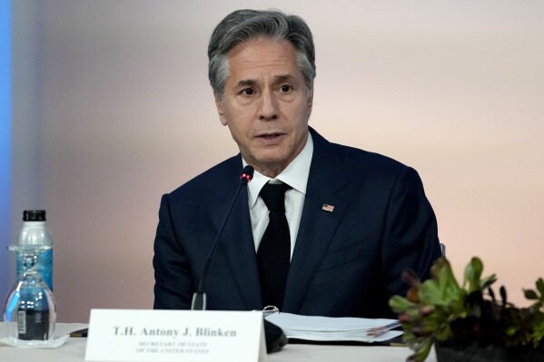 United States Secretary of State Antony Blinken, sits during a trilateral meeting with Japanese Foreign Minister Kamikawa Yoko And South Korean Foreign Minister Park Jin at the APEC Summit, Tuesday, Nov. 14, 2023, in San Francisco. (AP Photo/Eric Risberg)