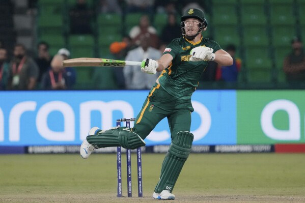 South Africa's David Miller plays a shot during the ICC Champions Trophy semifinal cricket match between New Zealand and South Africa at Gaddafi Stadium in Lahore, Pakistan, Wednesday, March 5, 2025. (AP Photo/K.M Chaudary)