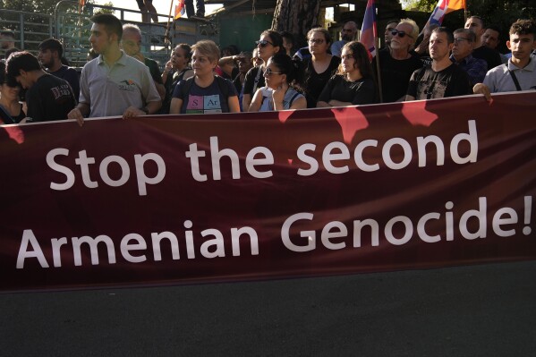 Lebanese-Armenian protesters, protest near the Azerbaijani Embassy, to denounce the Azerbaijani military offensive that recaptured Nagorno-Karabakh from the separatist Armenian authorities in the enclave, in Ain Aar, east of Beirut, Lebanon, Thursday, Sept. 28, 2023. A 24-hour Azerbaijani blitz last week forced Armenian separatist authorities to sit down for talks on Nagorno-Karabakh's 