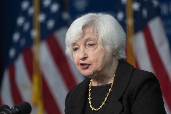 Treasury Secretary Janet Yellen speaks on the U.S.-China economic relationship at Johns Hopkins University School of Advanced International Studies, Thursday, April 20, 2023, in Washington. (AP Photo/Manuel Balce Ceneta)
