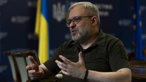 Ukrainian Energy Minister Herman Halushchenko speaks during an interview with The Associated Press in Kyiv, Ukraine, Monday, July 10, 2023. (AP Photo/Jae C. Hong)