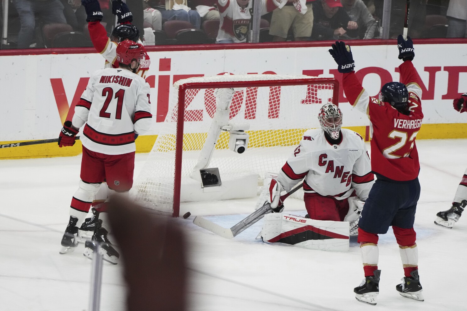 Panthers score 5 in the 3rd period, roll past Hurricanes 6-2 and move a win away from Cup final