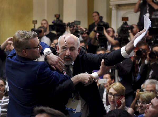 
              Security removes an apparent protester before a joint press conference between U.S. President Donald Trump and Russia President Vladimir Putin in the Presidential Palace in Helsinki, Finland, Monday, July 16, 2018. (Antti Aimo-Koivisto/Lehtikuva via AP)
            