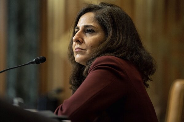 FILE - In this Feb. 10, 2021, file photo Neera Tanden, President Joe Biden's nominee for Director of the Office of Management and Budget (OMB), appears before a Senate Committee on the Budget hearing on Capitol Hill in Washington. (Anna Moneymaker/The New York Times via AP, Pool, File)