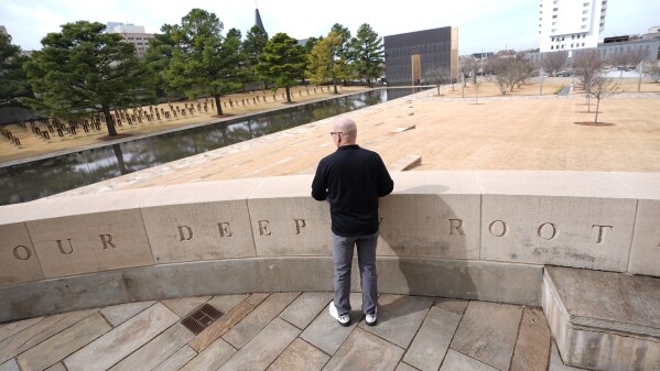 Former Oklahoma City firefighter Chris Fields looks at the Oklahoma City National Memorial in Oklahoma City on March 12, 2025. (AP Photo/LM Otero)