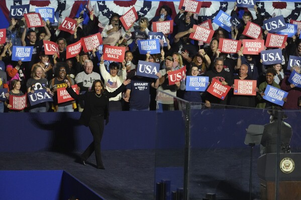 Democratic presidential nominee Vice President Kamala Harris arrives to speak during a rally at Carrie Blast Furnaces in Pittsburgh, Monday, Nov. 4, 2024. (AP Photo/Jacquelyn Martin)