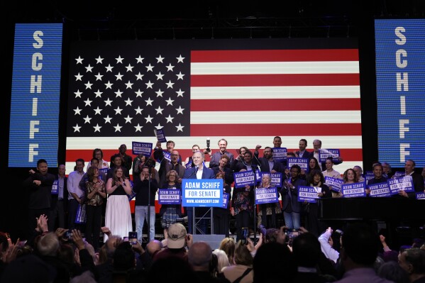 U.S. Rep. Adam Schiff, D-Calif., a U.S Senate candidate, speaks at an election night party, Tuesday, March 5, 2024, in Los Angeles. (AP Photo/Jae C. Hong)