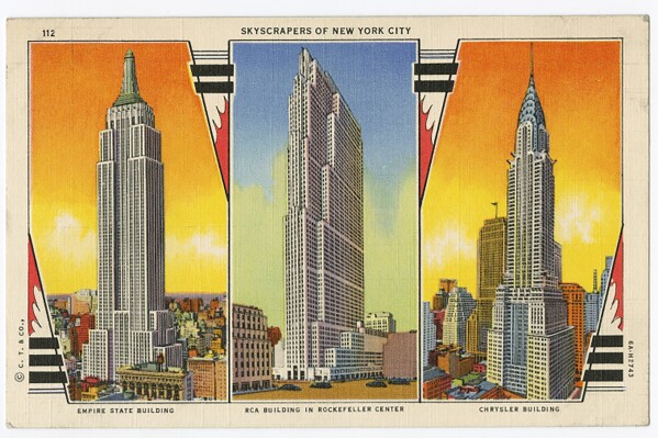 CORRECTS THE POSTCARD DESCRIPTION - This image provided by the Museum of the City of New York shows a postcard featuring the Empire State Building, from left, the RCA Building, and the Chrysler Building. (Museum of the City of New York via AP)