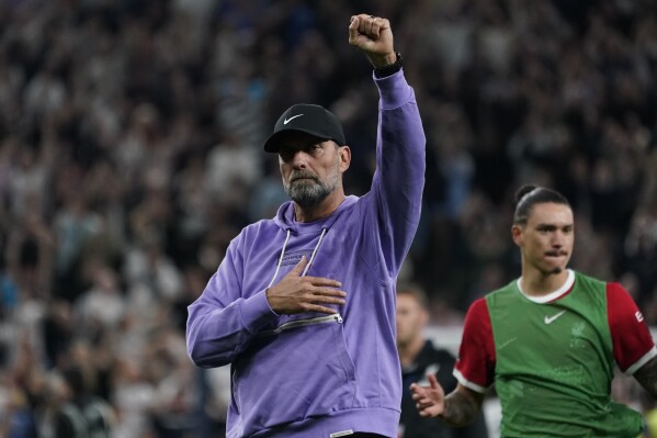 Liverpool's manager Jurgen Klopp reacts at the end of the English Premier League soccer match between Tottenham Hotspur and Liverpool at the Tottenham Hotspur Stadium, in London, England, Saturday, Sept. 30, 2023. Tottenham won 2-1. (AP Photo/Alberto Pezzali)
