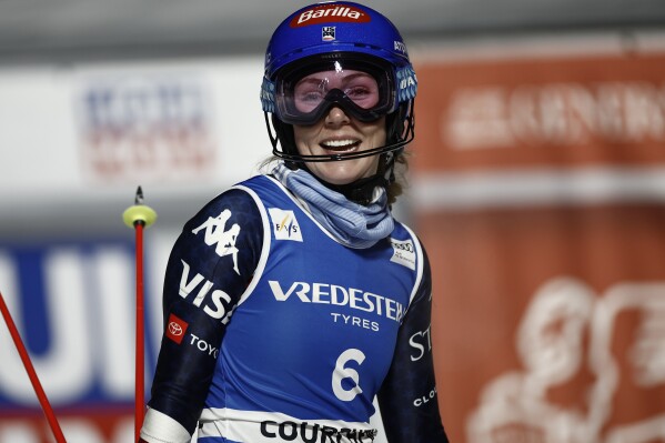 United States' Mikaela Shiffrin gets to the finish area after completing a women's World Cup slalom, in Courchevel, France, Thursday Jan. 30, 2025. (AP Photo/Gabriele Facciotti)