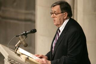 FILE - Mark Shields, a syndicated columnist and political analyst, speaks during a memorial service for the late U.S. Sen. William Proxmire, Saturday, April 1, 2006, at the National Cathedral in Washington. Shields, who shared his insight into American politics and wit on “PBS NewsHour” for decades, has died. He was 85. “PBS NewsHour” spokesman Nick Massella says Shields died Saturday, June 18, 2022 of kidney failure at his home in Chevy Chase, Md. (AP Photo/Haraz N. Ghanbari, File)