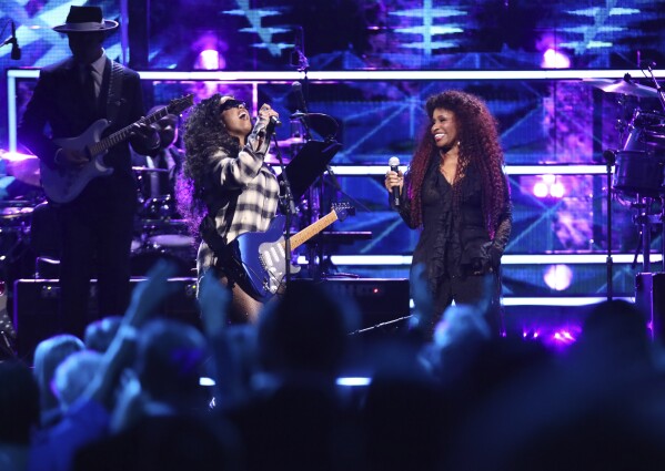 H.E.R., left, and Chaka Khan perform during the Rock & Roll Hall of Fame Induction Ceremony on Friday, Nov. 3, 2023, at Barclays Center in New York. (Photo by Andy Kropa/Invision/AP)
