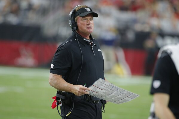FILE - In this Aug. 15, 2019, file photo, Oakland Raiders head coach Jon Gruden is shown during an NFL preseason football game against the Arizona Cardinals in Glendale, Ariz. The Raiders’ worldwide tour gets started in the preseason when they play a "home" exhibition against Green Bay in Winnipeg on Thursday, Aug. 22. (AP Photo/Rick Scuteri, File)