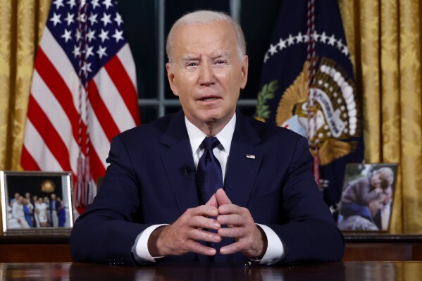 President Joe Biden speaks from the Oval Office of the White House Thursday, Oct. 19, 2023, in Washington, about the war in Israel and Ukraine. (Jonathan Ernst/Pool via AP)