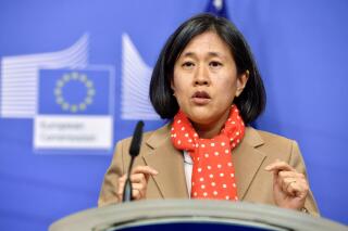 FILE - United States Trade Representative Katherine Tai addresses the media on recent developments in transatlantic trade after a meeting at EU headquarters in Brussels, on Jan. 17, 2023. The Biden administration is pressing its case for a new approach to global trade. On Wednesday, April 5, Tai is expected to call for a strategy of what’s known as “friend-shoring’’ — building up supply chains among allied countries and reducing dependence on geopolitical rivals such as China. (AP Photo/Geert Vanden Wijngaert, File)