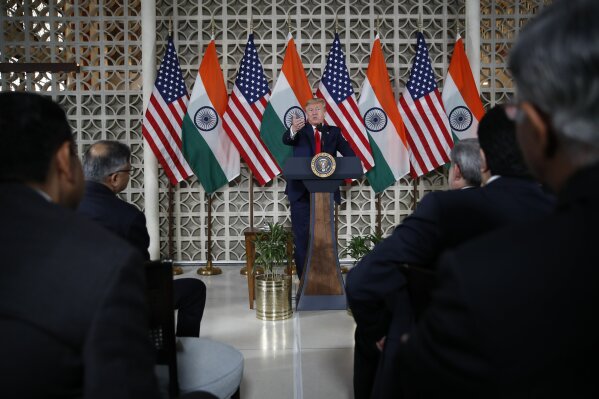 President Donald Trump speaks with business leaders at a roundtable event at Roosevelt House, Tuesday, Feb. 25, 2020, in New Delhi, India. (AP Photo/Alex Brandon)