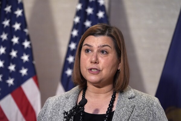 Democratic Sen.-elect Elissa Slotkin of Michigan addresses the media, Wednesday, Nov. 6, 2024, in Detroit. (AP Photo/Carlos Osorio)