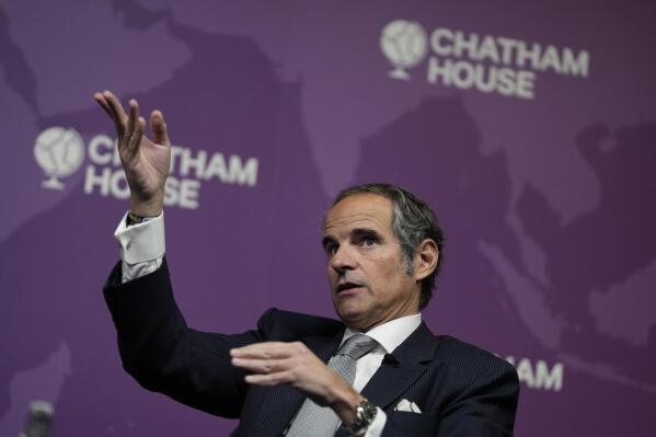 The Director General of the Atomic Energy Agency, Rafael Marino Grossi speaking at an event entitled ' A New Nuclear Order' at Chatham House in London, Tuesday, Feb. 7, 2023. (AP Photo/Alastair Grant)