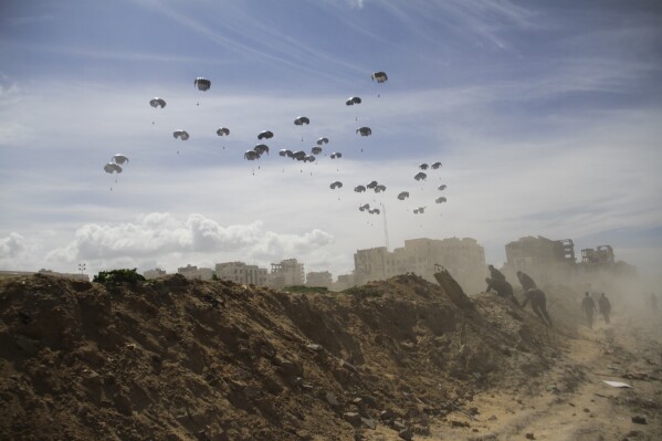 United States Air Force drops humanitarian aid to Palestinians in Gaza City, Gaza Strip, on Saturday, March 9, 2024. (AP Photo/Mahmoud Essa)