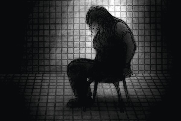 Illustration of Viktoriia Andrusha, a Ukrainian elementary school math teacher, being held in a room where she was threatened with torture by Russian soldiers. (AP Illustration/Peter Hamlin)
