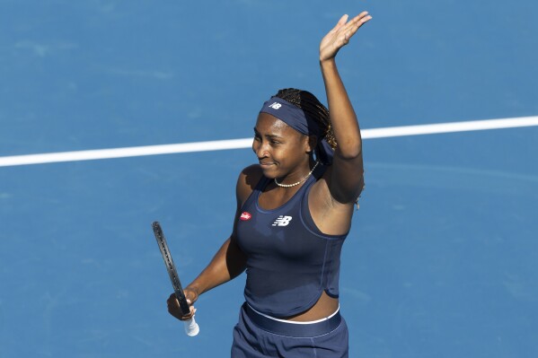 Coco Gauff of the U.S. celebrates her first round win against her compatriot Claire Liu in the women's singles match at the ASB Classic tennis tournament in Auckland, New Zealand, Tuesday, Jan. 2, 2024. (Brett Phibbs/Photosport via AP)