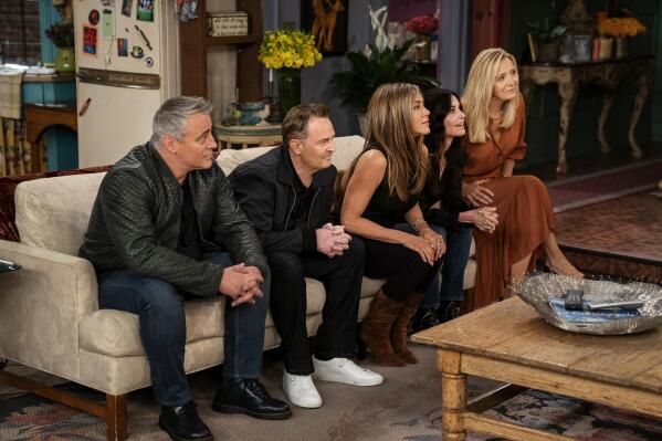 This image provided by HBO Max shows Matt LeBlanc, from left, Matthew Perry,  Jennifer Aniston, Courteney Cox and Lisa Kudrow in a scene from the "Friends" reunion special. (Terence Patrick/HBO Max via AP)